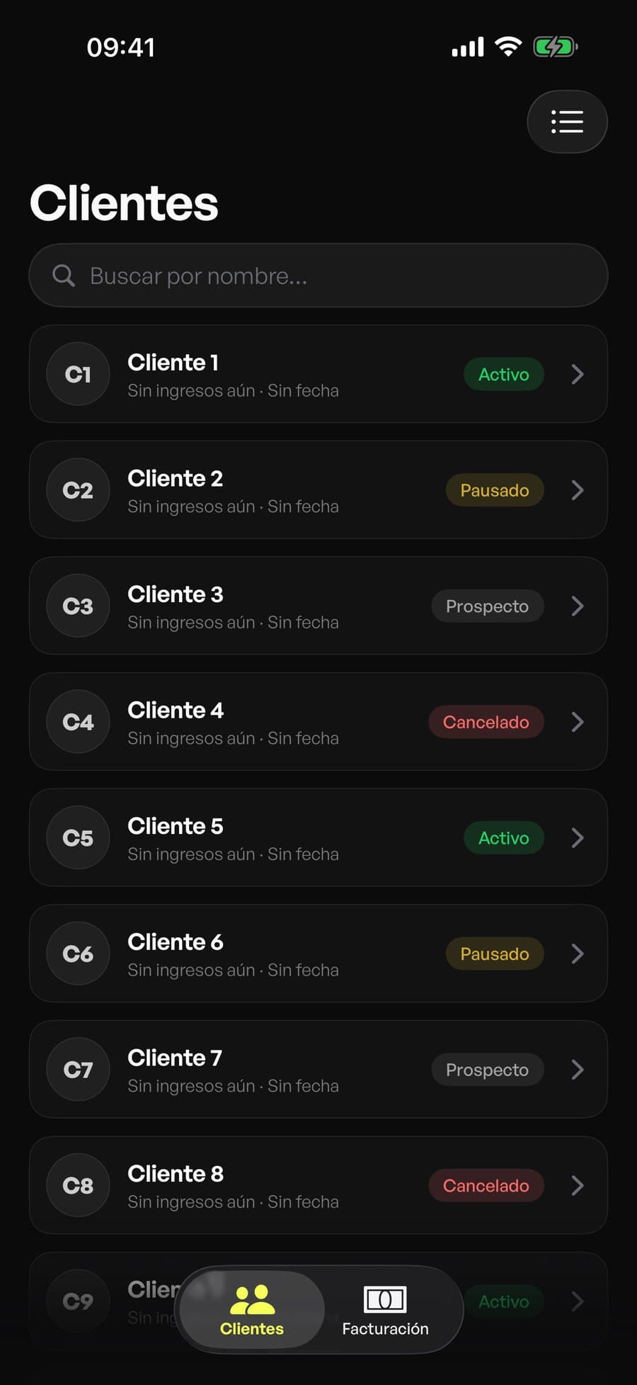 Lista de clientes en Fitsy