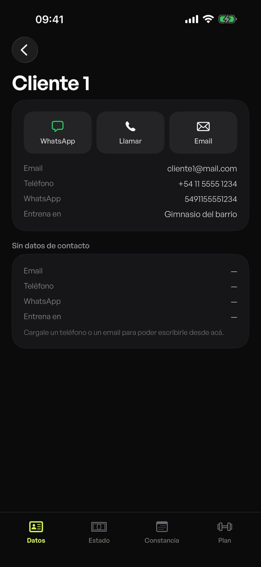 Datos de contacto de un cliente